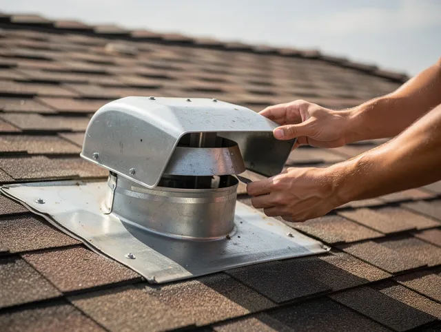 Paramount Dryer Vent Cleaning certified technician safely cleaning a roof-mounted dryer vent in Paramount