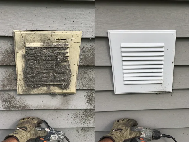Paramount Dryer Vent Cleaning technician installing high-quality dryer vent cover at a residential property in Paramount