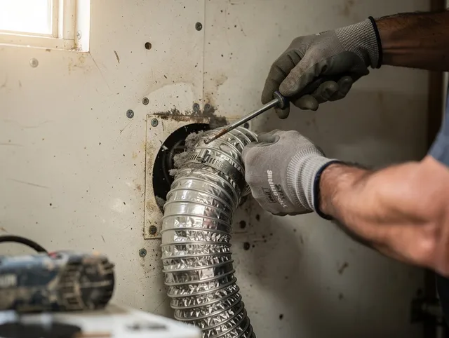Paramount Dryer Vent Cleaning technician performing precise dryer vent hose installation in Paramount